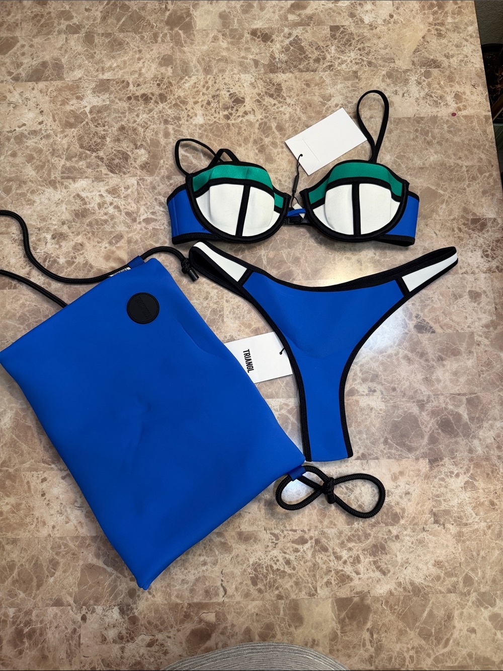 Colorblock Blue & White Bikini Set with Green Accents